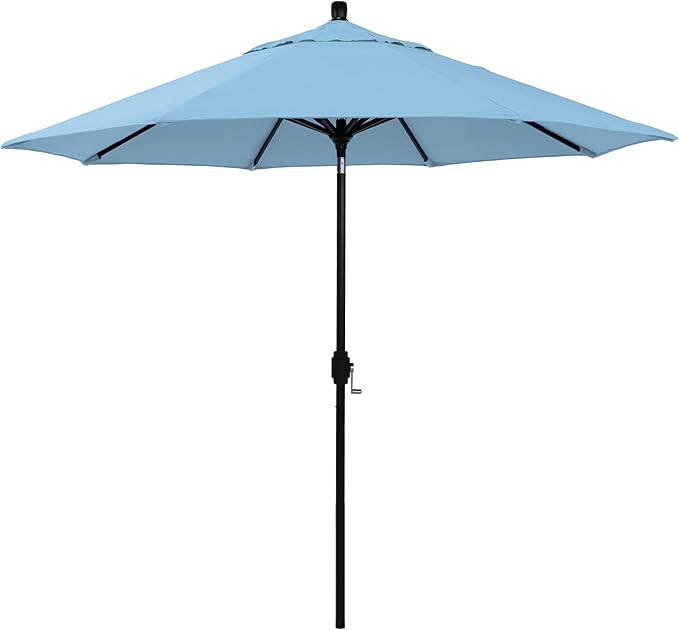California Umbrella 12-Year-Non-Fading, 9Ft Premium Sunbrella Patio Umbrella, Hand-Crank, Button-Tilt, Black Frame, Air Blue Fabric