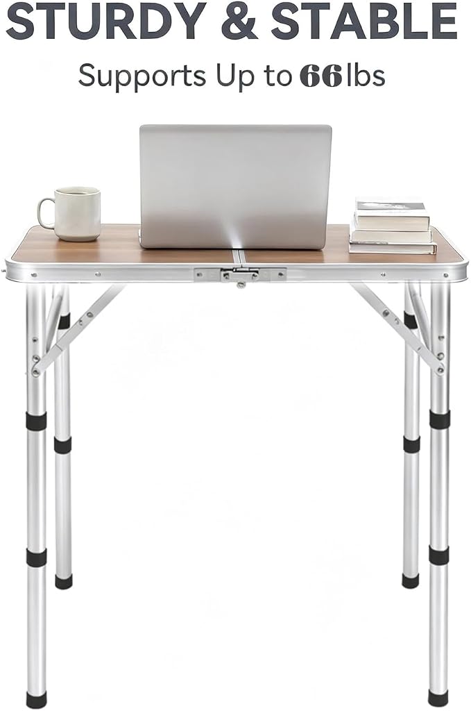Small Folding Camping Table, 2ft Portable Picnic Table Aluminum 24" x 16" Folding Table, 3 Adjustable Heights Portable Lightweight Table Dining Table for RV, Picnic, Beach (Wood Pattern)