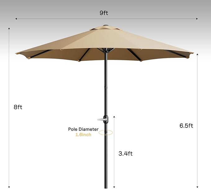 LEVELEVE 9FT Outdoor Patio Umbrella with Easy Crank - UV Resistant & Waterproof Market Umbrella with Ventilated Canopy, 8 Sturdy Ribs & Powder-Coated Frame for Garden, Deck, Backyard, Pool, Patio Table