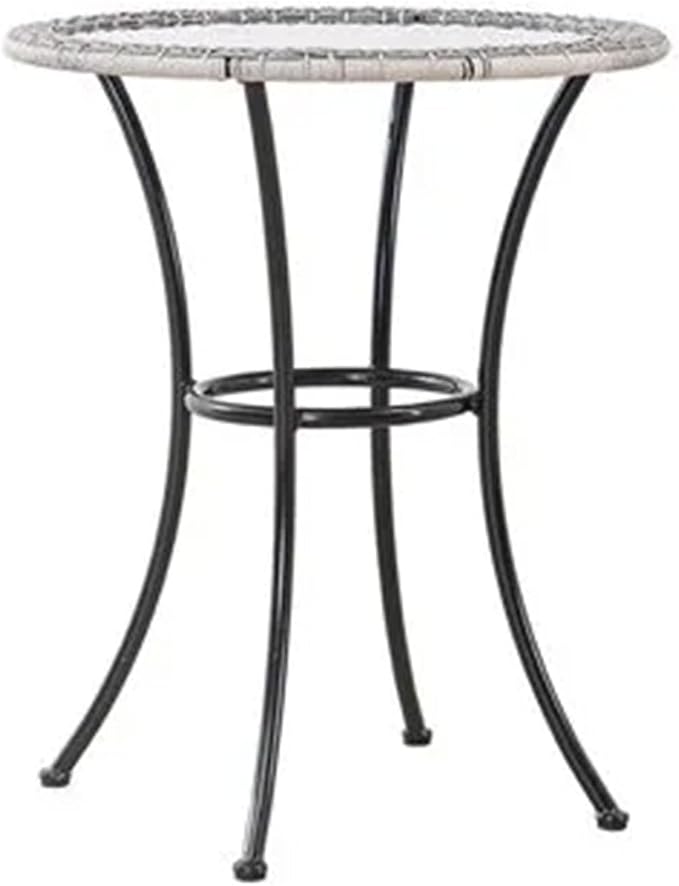 Four Seasons Courtyard 24 Inch Round Marbella Wicker Bistro Patio Table Portable Outdoor Backyard Deck Furniture with Glass Tabletop, Gray/Black