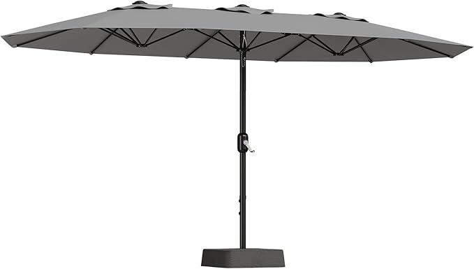 15FT Extra Large Double-Sided Patio Umbrella with Solar LED Lights – Heavy-Duty Rectangular Outdoor Market Umbrella, Fade-Resistant UV Canopy, Included Base for Backyard, Pool, Deck, Garden – Beige/Mist Blue