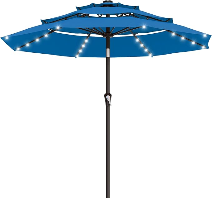 AreShark 9ft 3 Tiers Patio Umbrella with Solar Lights, Outdoor Umbrella w/ 32 LED Lights&8 Sturdy Ribs, Table Umbrella for Deck, Backyard, Pool (Royal Blue)