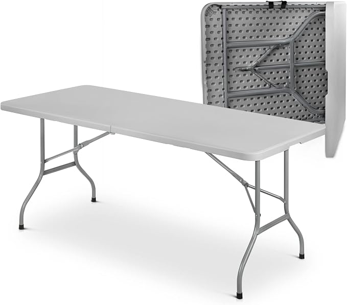 MoNiBloom 6Ft Folding Table, Heavy Duty Portable Plastic Dining Tables Fold in Half Indoor Outdoor Desk w/Handle, Lock for Camping Picnic Party, Gray