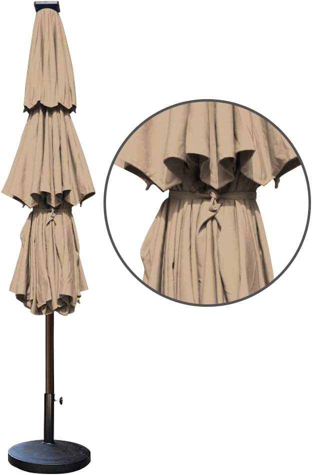 EliteShade USA 10-Year-Non-Fading 9ft 3-Tier Market Patio Umbrella, Commercial Table Umbrella with 80 Solar LED Lights, Crank Open, Windproof & UPF 50+ UV Protection for Garden, Deck, Pool, Backyard, Heather Beige