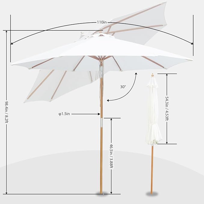 9FT/10FT Bamboo Patio Umbrella, Large Outdoor Umbrella with UPF 50+ Sun Protection, Rope Pulley Lift & Push-Button Tilt, 8-Rib Ventilated Canopy for Garden, Deck, Backyard & Outdoor Dining