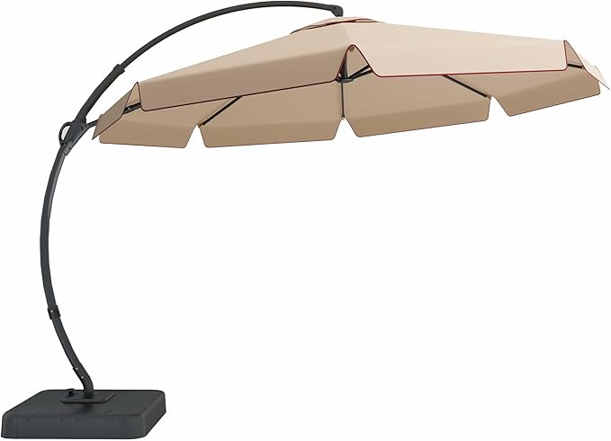 LAUSAINT HOME 12ft Patio Cantilever Umbrella with Base Included, Outdoor Curvy Round Offset Umbrella, Heavy Duty Aluminum, 360° Rotation for Pool, Deck, Lawn, Backyard, Beige Lotus Wave