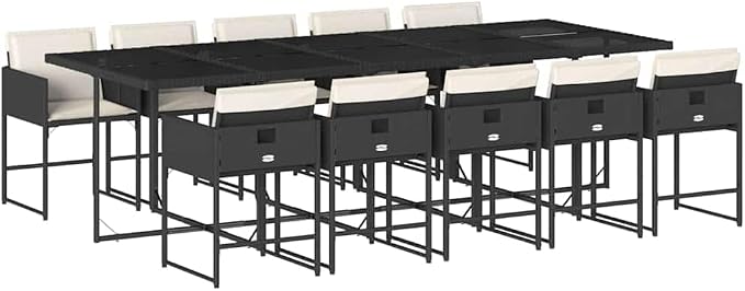 11 Piece Patio Dining Set with Cushions Black Poly Rattan Outdoor Furniture Table 10 Chairs Tempered Glass Top Foldable Storage UV-Proof
