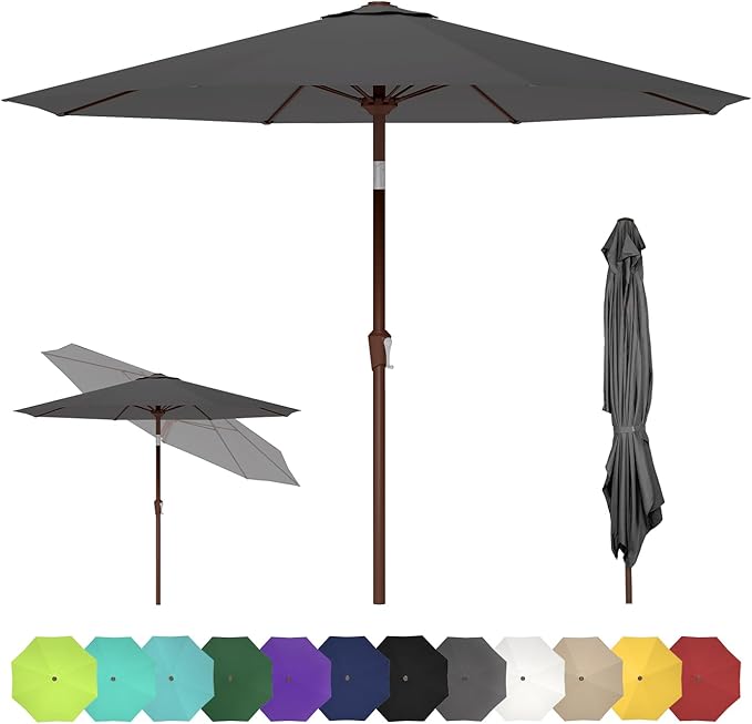GREENVINES 9-FT-Patio-Umbrella | Outdoor-Table-Umbrellas | 8 Sturdy Fiberglass Ribs | Push Button Tilt & Crank | Waterproof | Market Umbrella | for Pool Backyard Garden Deck | Charcoal Gray