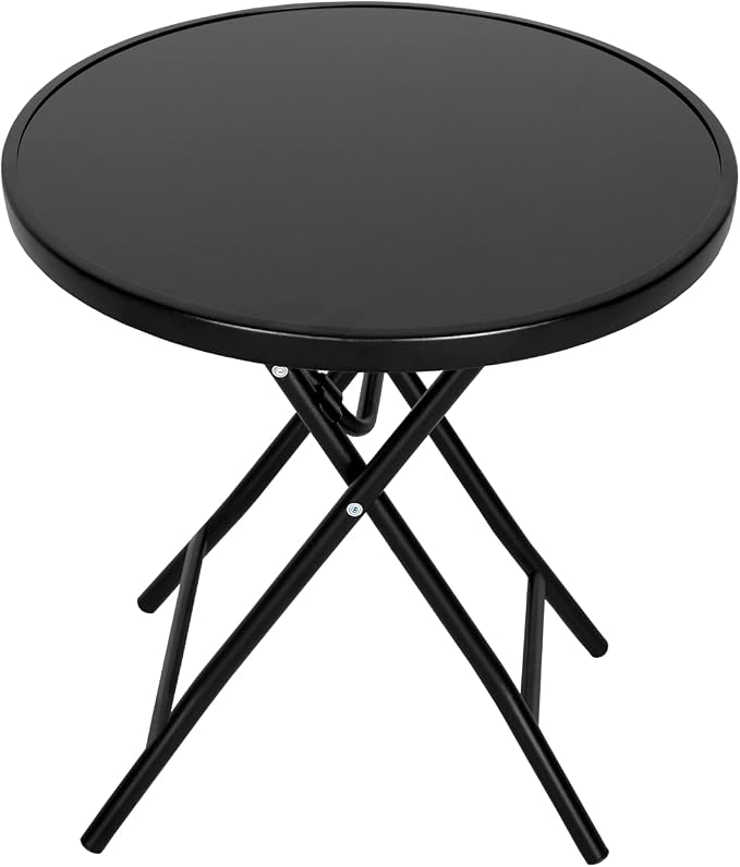 Abba Patio Bistro Table,18" Round Folding Side Table with Tempered Glass Tabletop,Small End Table for Outdoor Indoor Yard Garden Balcony Coffee, Black