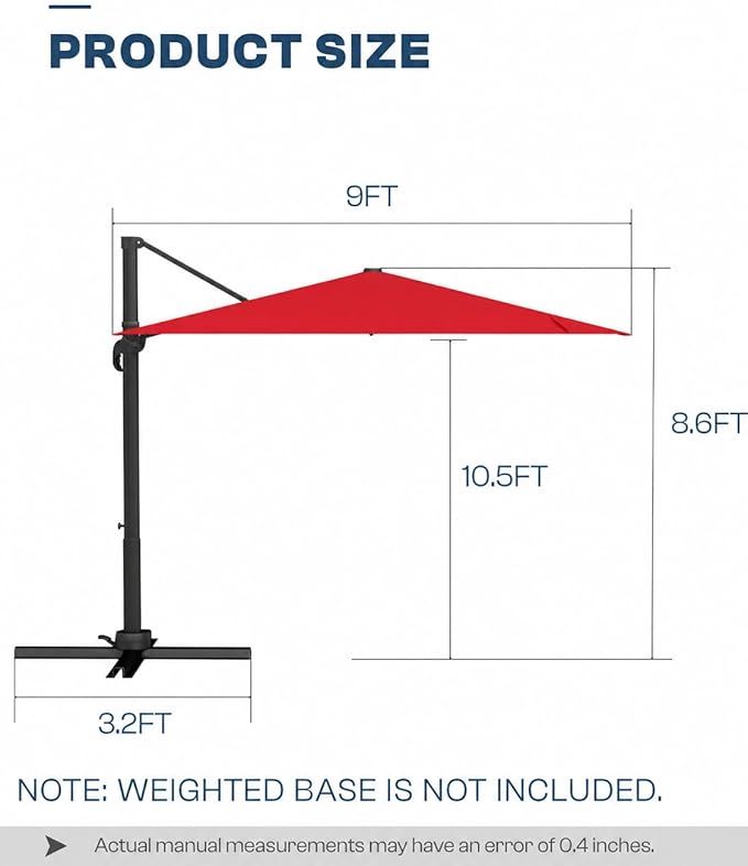 9x9 FT Square Cantilever Umbrella,Easy Tilt, Fade Resistant & 360° Rotation, Offset for Pool Deck Backyard Patiored (Base not Included)