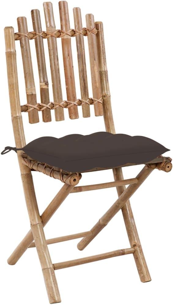 5 Piece Bamboo Folding Patio Dining Set with Cushions, Round Outdoor Table and 4 Foldable Chairs for Backyard Balcony and Porch, Rustic Wood Bistro Furniture Set