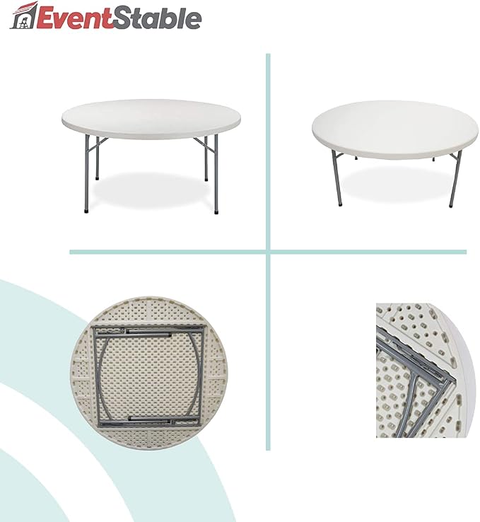 EventStable TitanPRO Commercial Round Plastic Folding Table Set with Rolling Cart, Heavy-Duty White Stackable Portable Tables for Events, Conferences, Catering & Outdoor Use, Pack of 10-60"