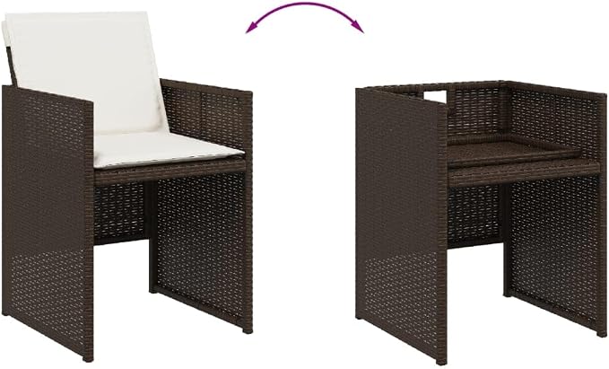 9 Piece Patio Dining Set with Cushions Brown Poly Rattan Outdoor Table and 8 Folding Chairs for Garden Backyard Porch Tempered Glass Top UV Proof