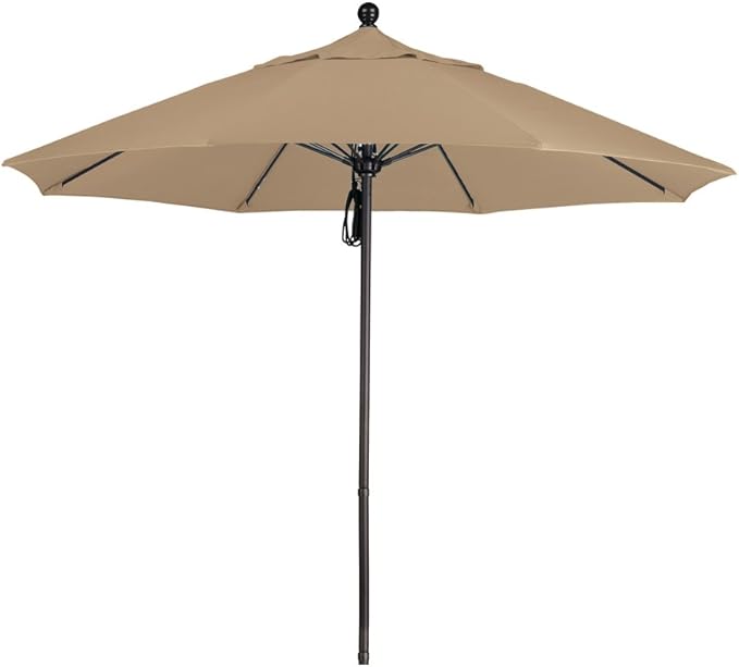 California Umbrella 9' Round Aluminum/Fiberglass Umbrella, Push Open, Bronze Pole, Sunbrella Linen Sesame