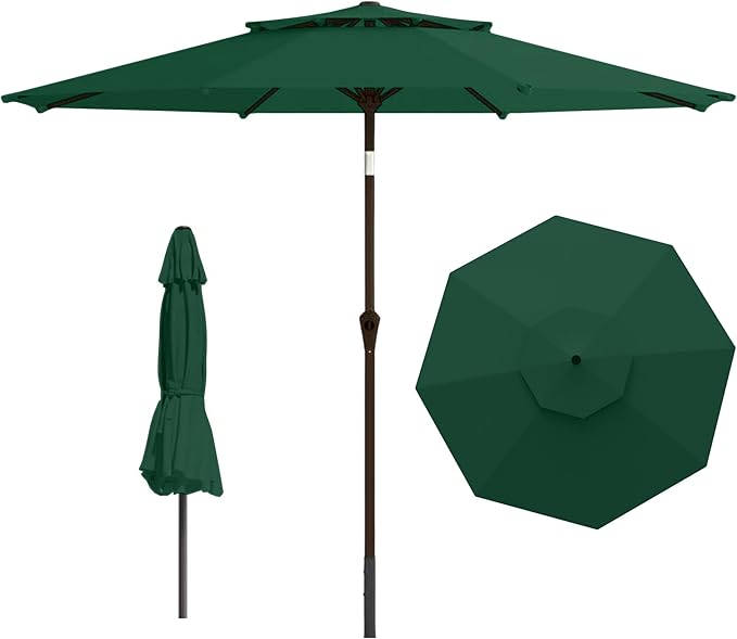 9ft 2-Tiers Patio Umbrella,Outdoor Market Table Umbrella with Push-Button Tilt & Crank | UV Protection,Suit for Backyard,Garden,Pool,Deck(Dark Green)
