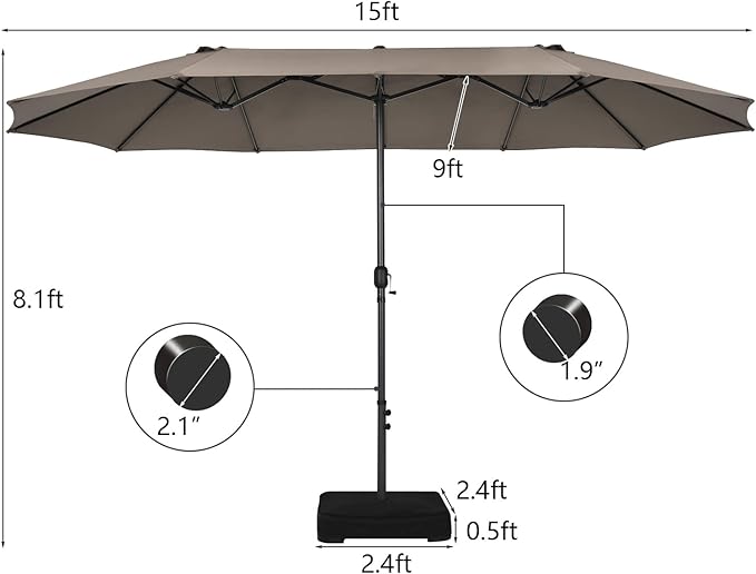 Tangkula 15FT Double-Sided Patio Umbrella, Outdoor Market Umbrella W/Hand-Crank System & Enhanced Base, Ultra-Large Twin Garden Umbrella W/ 12-Rib Structure for Residential & Commercial Use (Coffee)