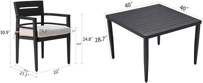 5-Piece Outdoor Patio Aluminum Furniture, Modern Dining Set, Including 4 Dining Chairs Sunbrella Fabric Cushioned and 40" Square Dining Table with Umbrella Hole, Ember Black