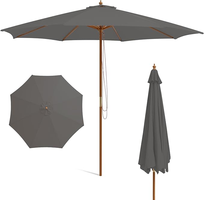 HAPPYGRILL 10 FT Wooden Patio Umbrella with Rope Pulley Lift, 8 Bamboo Ribs, 3 Adjustable Heights, Vented Roof, Outdoor Table Umbrella for Garden Poolside Backyard (Grey)