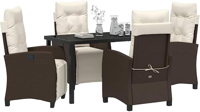 Afuera Living 5 Piece Poly Rattan Garden Dining Set, Brown Woven Texture, Cushioned Chairs, Glass-Topped Table, Steel Frame, Modern Patio Furniture for Outdoor Dining, Garden, Terrace, Summer Use