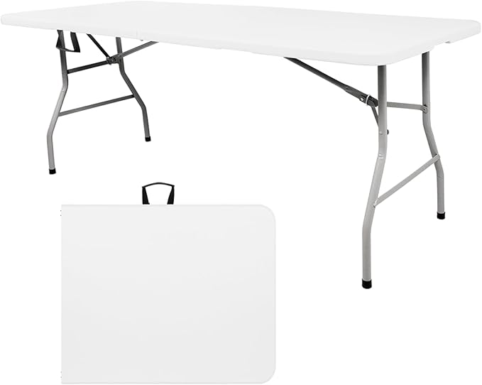 Folding Table, Portable Foldable Table 6 Ft, Square Plastic Dining Table, Folding Camping Table for Outdoor Picnic Dining, White