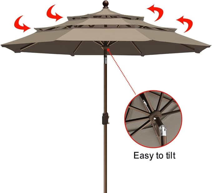 EliteShade USA 10-Year-Non-Fading 9ft 3-Tier Market Patio Umbrella, Commercial Grade Outdoor Table Umbrella with Crank Open, Windproof & UPF 50+ UV Protection, Heavy Duty Ventilation for Garden, Deck, Pool, Backyard, Beach & Bistro, Mushroom