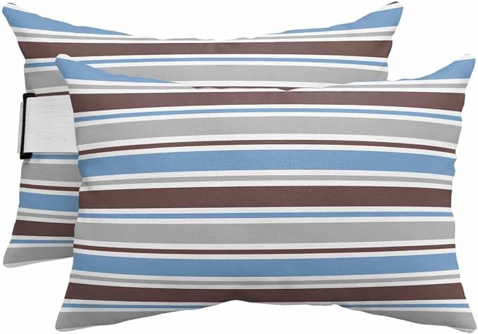 Pack of 4 Outdoor Lumbar Pillow Covers 12x20 Inch, Blue Brown Striped Waterproof Throw Pillow Covers Set, Farmhouse Stripes Modern Abstract Art Outside Decorative Cushion Cases for Patio Porch Car