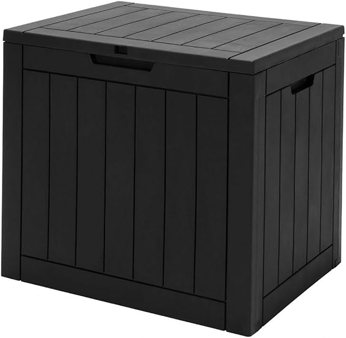 PP Woodgrain Black 30-Gallon Deck Storage Box with Lockable Waterproof Lid & Handles, 22x17x21in for Patio/Outdoor