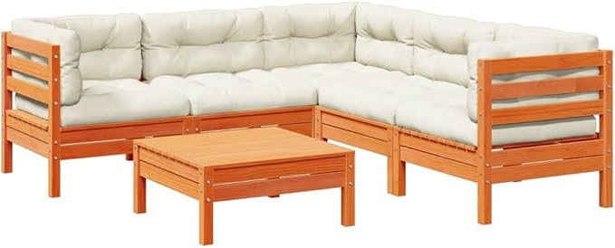 6 Piece Patio Sofa Set with Cushions, Patio Conversation Set Garden Lounge Set Porch Furniture Set Outdoor Dining Sets for Poolside Piazza Exhibition Wax Brown Solid Wood Pine