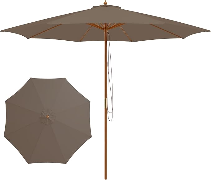 Tangkula 10FT Patio Umbrella, Outdoor Table Market Umbrella w/8 Wooden Ribs, 3 Adjustable Heights, Rope Pulley System, Detachable Pole, Wooden Patio Umbrella for Garden, Poolside, Backyard (Tan)