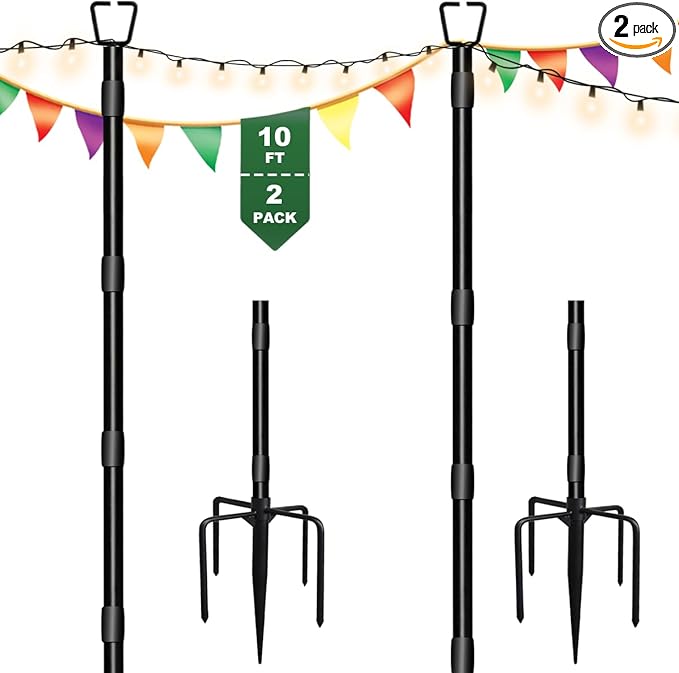 10Ft String Light Poles for Outside - 2 Pack Adjustable Metal Poles for Outdoor String Lights, Rustproof & Sturdy Light Stand Posts for Patio, Backyard, Deck, Garden, Party Decorations