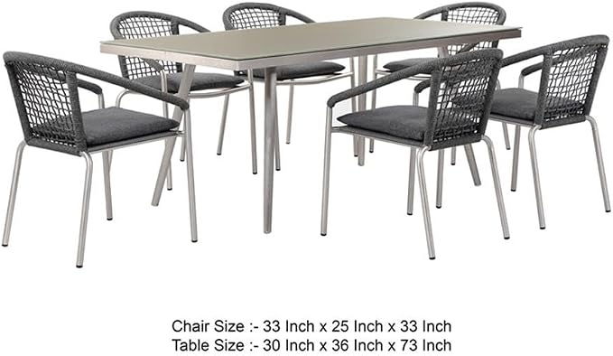 BOWERY HILL 7 Piece Outdoor Dining Set, Slate Gray Rope and Aluminum, Rectangular Table 73x36 in, Stackable Chairs with Fade Resistant Cushions, Contemporary Patio, Backyard, Poolside Dining