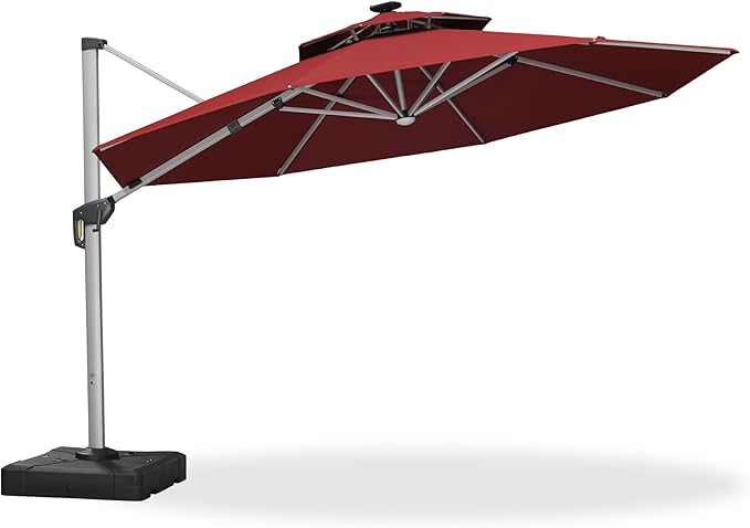 PURPLE LEAF Cantilever Umbrella with Base 13ft Outdoor Round Patio Solar Powered LED Umbrella with 360-degree Rotation for Garden Deck Pool Patio, Brick Red
