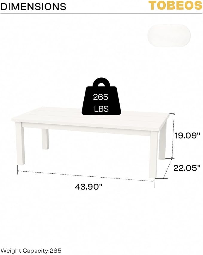 HDPE Outdoor Coffee Table, Weather-Resistant Rectangle Patio Coffee Table with Large Tabletop for Balcony, Deck, Garden, Poolside (White)