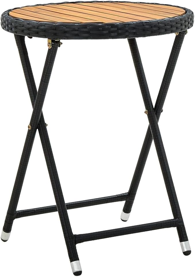 Rustic Style Outdoor Folding Table Small Foldable Acacia Wood Tea Table Compact Folding Tea for Garden Round Black PE Rattan