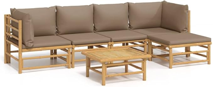 6 Piece Patio Lounge Set with Taupe Cushions, Patio Conversation Set Front Porch Furniture Porch Furniture Set Sectional Sofa for Negotiation Area Garden Poolside Exhibition Bamboo