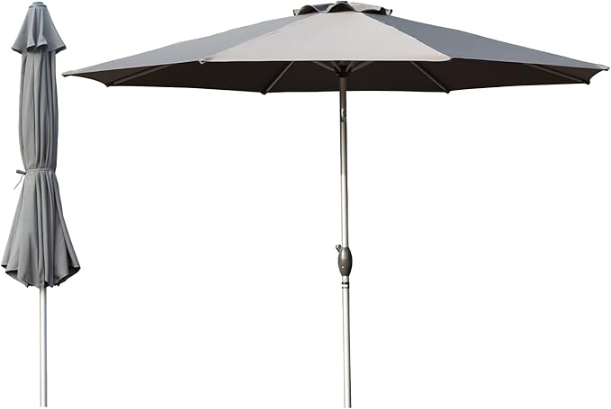 Domi 9FT Patio Umbrella Outdoor Market Umbrella with Silver Aluminum Pole, UV Resistant Canopy, Wind Vent, Tilt & Crank System, Perfect for Patio, Garden, Deck, Pool, Outdoor Dining, Gray