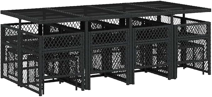 13-Piece Garden Dining Set, Modern Poly Rattan Outdoor Patio Furniture with Large Rectangular Table, 8 Chairs and 4 Stools for 12 People, Black and Cream White