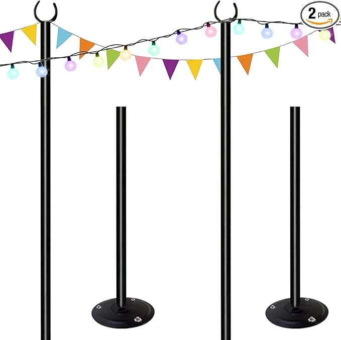 10ft String Light Poles for Hard Surfaces, Light Poles for Outdoor String Light, Perfect for Garden, Backyard, and Patio Lighting Stand for Parties, Wedding - Matte Black Finish - 2 Pack