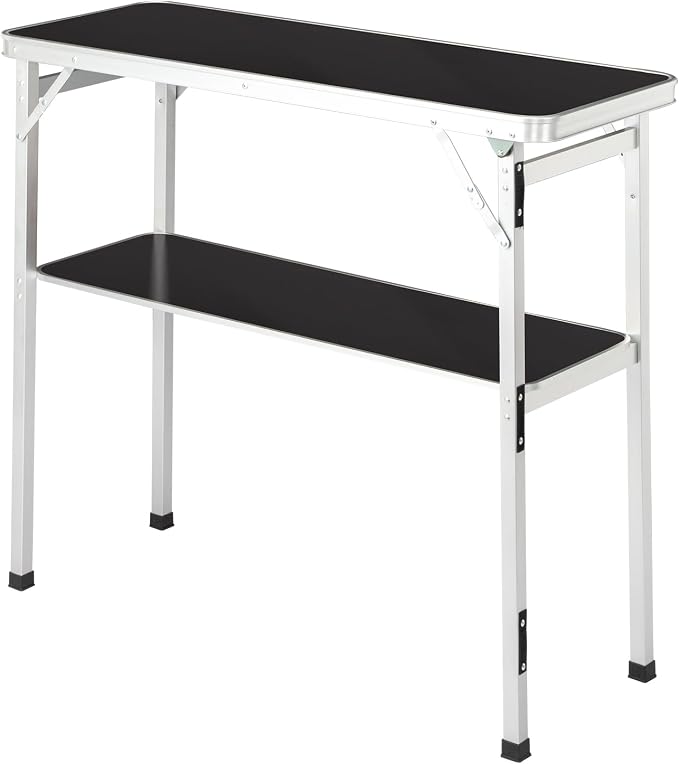 Portable Outdoor Bar Table - Folding Camping Table 2-Tier Shelves with Carrying Case, Storage Shelf & Black Skirt, Tradeshow Podium Table for Events, Camping, Party, Picnic, Exhibition - Black