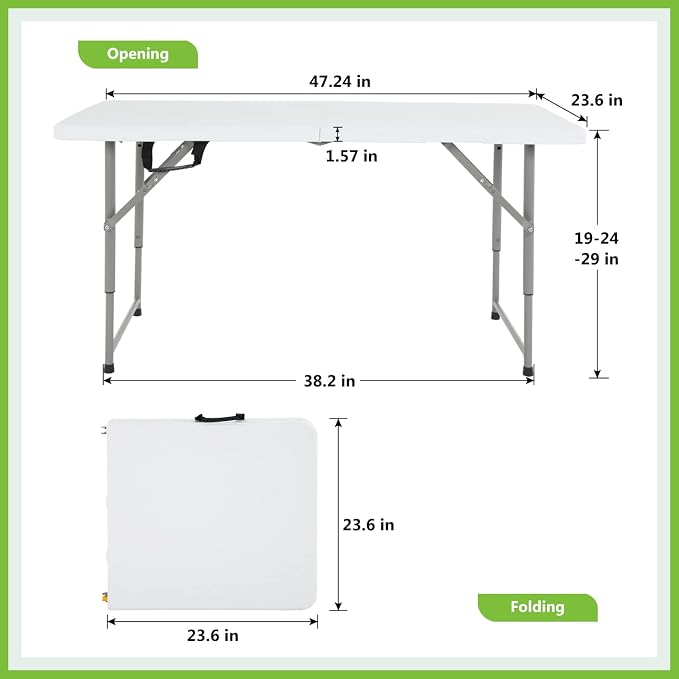 34" Folding Card Table, Heavy Duty HDPE Square Table, Fold-in-Half Portable Design with Carry Handle, Indoor Outdoor Utility Dining Table for Picnic, Camping, 330 lbs (White, 4FT)