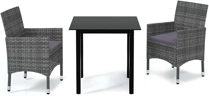 3 pcs Modern Patio Dining Set & Patio Furniture Black Glass Outdoor Dining Set Balcony Furniture for Lawn Backyard Front Porch 31.5 x 31.5 x 29.1 in