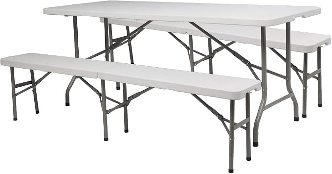 VINGLI 6 FT 3-Piece Portable Picnic Table Bench Set, Weather-Resistant Plastic Folding Camping Beer Table w/Carrying Handles, for Family Garden Patio Outdoor Activities Use, at Home and Commercial