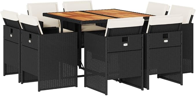9-Piece Outdoor Dining Set with Cushions Black PE Rattan Patio Furniture Set for Garden Backyard Balcony