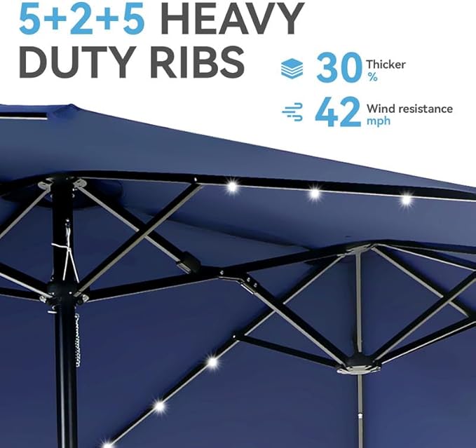 GREEN PARTY 15 ft Large Outdoor Patio Umbrella with Solar Led Lights & Base Included, Double-Sided Rectangular Table Umbrella with Stand, Market Umbrellas for Deck Poolside Garden Backyard, Navy Blue