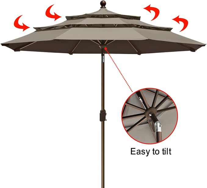 EliteShade USA 10-Year-Non-Fading 9ft 3-Tier Market Patio Umbrella, Commercial Grade Outdoor Table Umbrella with Crank Open, Windproof & UPF 50+ UV Protection, Heavy Duty Ventilation for Garden, Deck, Pool, Backyard, Beach & Bistro, Taupe