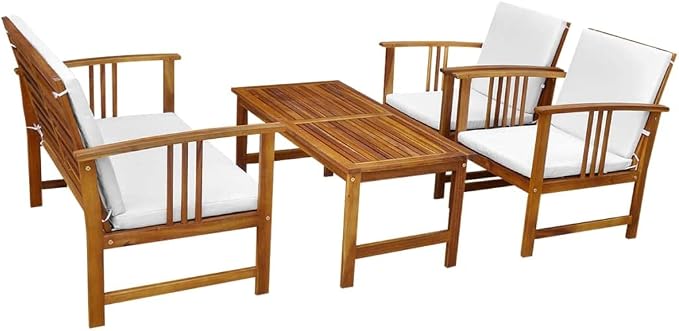 4-Piece Garden Dining Set, Solid Acacia Wood Outdoor Furniture with Rectangular Table, Bench and 2 Chairs, Rustic Patio Conversation Set with Cushions for Balcony and Terrace