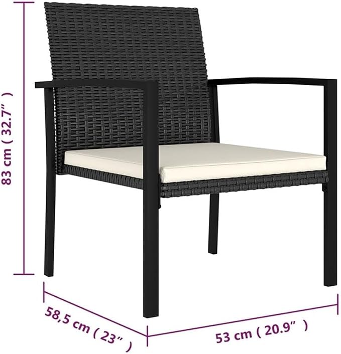 BOWERY HILL 3-Piece Outdoor Patio Dining Set, Black Poly Rattan Table and Chairs, Cream Cushions, Compact Modern Design, UV Resistant/Waterproof for Balcony, Terrace, Garden