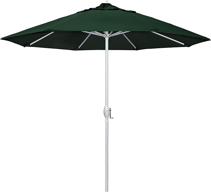 California Umbrella 12-Year Protection 9' Rd Aluminum Patio Umbrella, Crank Lift, Auto Tilt, White Finish, Sunbrella Forest Green
