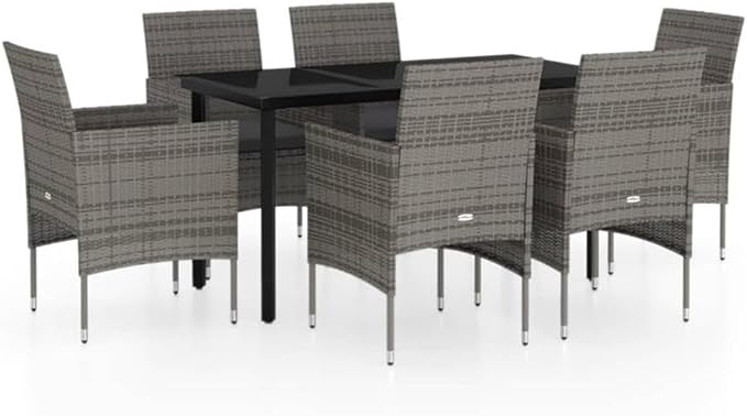 BOWERY HILL 7 Piece Outdoor Patio Dining Set, Glass Tabletop, Durable PE Rattan and Powder-Coated Steel, Gray and Black Finish, Weather-Resistant Garden Furniture for Terrace and Balcony