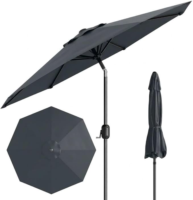 IDEALHOUSE 9FT Outdoor Patio Umbrella, Market Table Umbrella with Crank Lift & Push Button Tilt, Heavy-Duty Iron Frame & Polyester Canopy for Garden, Deck, Backyard, Pool